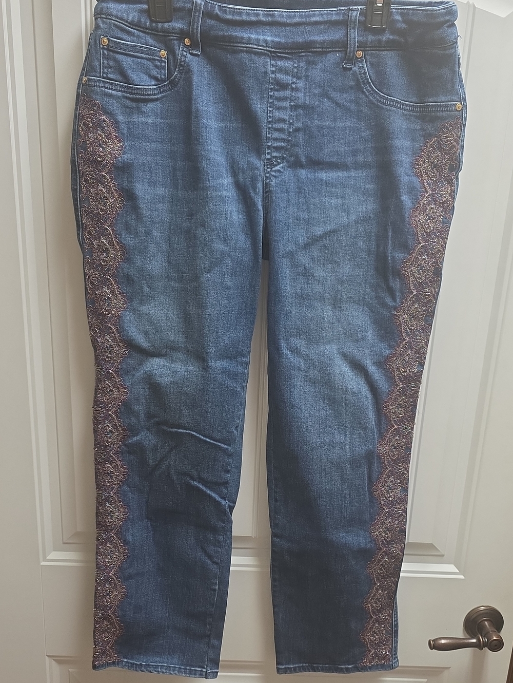 Chico's Dark Blue Straight-Leg Jeans with Beautiful Embroidered Side  14